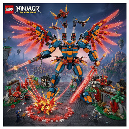 a lego ninjago dragons rising set thats a mech called trays reality titan mech with a dragon drone belt back blasters and wings and a sword and the glow is red and make 6 pictures of it