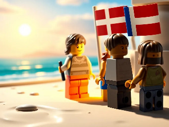 Meer , Strand,  leuchtturm,  Dänemarkflagge, Vater, Mutter, 2 Kinder (Junge & Mädchen,  alle dunkelhaarig und von hinten zu sehen