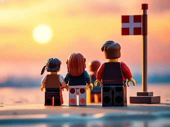 Meer , Strand,  leuchtturm,  Dänemarkflagge, Vater, Mutter, 2 Kinder,  alle dunkelhaarig und von hinten zu sehen