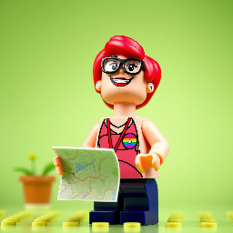 The image has a cartoonish and Lego aesthetic with a bright and colourful Lego female trans character wearing an LGBTQ+ badge and wearing glasses and wearing a dress who has vivid red neon hair smiling holding a map and looking thoughtfully up and to the right