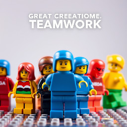 Create a lego image with the concept “Great Creations Come From Teamworke” basically focusing on collectivism (i.e. an group of people together Lego block togethere) with motivation “Share Idead Togetehr”