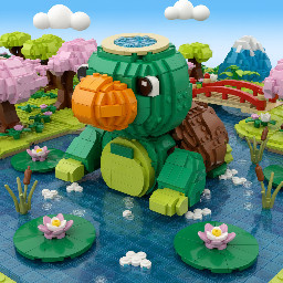 big Lego Kappa (japanese yokai) with a beak and a tonsure in a pond