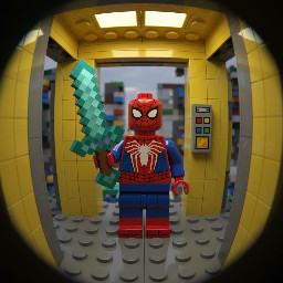 A LEGO Spider-Man minifigure holding an enchanted minecraft sword in an elevator, Fisheye lens perspective, extreme close-up, 3D render, realistic glossy plastic texture