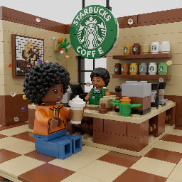 A brown coloured girl with black afro hair drinking latte at starbucks
