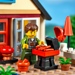 Figurine lego faisant un barbecue  avec viande et saucisses dans une terrasse d'une maison