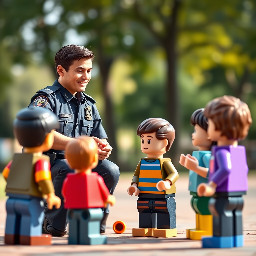 Professional police officer giving an educational talk to children outdoors, friendly and approachable expression, kneeling slightly to speak at the children’s eye level. He is wearing a modern police uniform in hexadecimal color #232439 (very dark blue with a subtle gray tone), with a visible badge and realistic accessories such as a shoulder radio and duty belt. The children are listening attentively, casual clothing, positive and respectful interaction. Park or schoolyard setting with trees in the background, soft natural daylight, photorealistic style, high resolution, sharp focus, detailed fabric texture on the uniform, warm and community-oriented atmosphere, cinematic depth of field, sense of trust and mentorship.