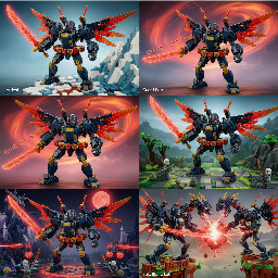 a lego ninjago dragons rising set thats a mech called trays reality titan mech with a dragon drone belt back blasters and wings and a sword and the glow is red and make 6 pictures of it