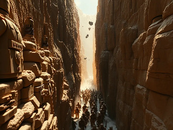 Short historical documentary reenactment. A narrow Persian mountain pass between tall rocky cliffs, harsh sunlight. Ancient soldiers positioned high on cliffs, silent and still. An army marching below in a confined stone corridor. Rocks falling from above, chaos without exaggerated violence. Cinematic, realistic, no fantasy, grounded historical tones. Natural colors, dust, wind, ancient Persia atmosphere.