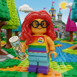 The image has a cartoonish and Lego aesthetic with a bright and colourful Lego female trans character wearing an LGBTQ+ badge and wearing glasses who had vivid red neon hair smiling holding a map and looking thoughtfully up and to the right