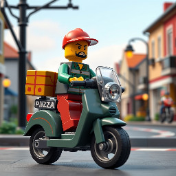 A lego pizza delivery man riding a scooter in a quiet town