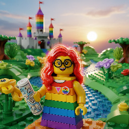 The image has a cartoonish and Lego aesthetic with a bright and colourful Lego female trans character wearing an LGBTQ+ badge and wearing glasses and wearing a dress who has vivid red neon hair smiling holding a map and looking thoughtfully up and to the right