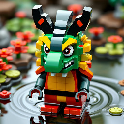 big Lego Kappa (japanese yokai) with a beak and a tonsure in a pond