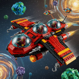 lego spyrius flying large spaceship red and black color with transparent dark-blue canopies