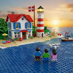 Urlaubsszene, Meer , Strand, Haus, Leuchtturm,  Dänemarkflagge, familie mit mutter, vater, sohn und tochter, alle sind dunkelhaarig und nur von hinten zu sehen
