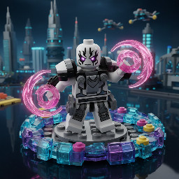 Crea una figura LEGO de Chronam-Yatt de Sendokai, estilo minifigura detallada y futurista. Personaje alienígena blanco con detalles negros en la cara, ojos brillantes morados, energía rosa translúcida alrededor de las manos y el cuerpo. Armadura elegante estilo ciencia ficción, aspecto poderoso y misterioso. Base oscura con efectos de portal temporal y energía Sen. Iluminación cinematográfica, fondo épico futurista, estilo render LEGO realista, alta calidad, ultra detallado, piezas LEGO visibles, pose dinámica de combate