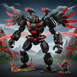 a lego ninjago dragons rising set thats a mech called trays reality titan mech with a dragon drone belt back blasters and wings its all in black and the glow is red