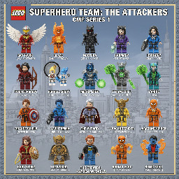 Lego superhero team call the attackers as a cmf and show all figures the team consists of angel their hawk girl, inferno their version of dcs fire, flying fox their female Batman, song bird their black canary, archer their female Green arrow who wears purple and black,shrink their female atom, techno their male blue beetle/iron man, WILL their green lantern,ultimate man the hero with every super power,gamma their hulk,thunder their Thor,badger their wolverine, the soldier their captain America. but make sure they have custom designs and gamna is blue and the soilder is orange and black and has a captain America shield  in those colors and ultimate has a red and purple suit with tech and a u fading in a m as the chest logo and Wills lantern suit is of a more fading green and badgers suit is more blue and green and thunders outfit is based on marvels thunder strike and  add their other members the wiz their Dr strange who's suit is gold and sliver the arachnid their spider manwhos suit is yellow and lavender and time speed their flash who has an bright orange suit and powerhouse their wonder woman who has a ruby red with pearl gold outfit and echo their vibe whose outfit is orange and blue and their creator is the rare minfig me AKA Cayden McDonald who is wearing a jacket with a Batman shirt underneath it blue jeans with printed shoes at the foot part and glasses with a reddish brown beard on the face and they can have any official superhero minifigures parts and the cmf checklist has to have their names under each figure and also it a traditional Lego cmf checklist but the figures are normal Lego figures not duplis and stuff also gibe them their own secret identities come up with their names but not the real names of the people they are based on