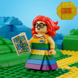 The image has a cartoonish and Lego aesthetic with a bright and colourful Lego female trans character wearing an LGBTQ+ badge and wearing glasses and wearing a dress who has vivid red neon hair smiling holding a map and looking thoughtfully up and to the left
