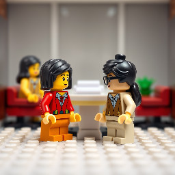 Simple Lego build depicting a bespectacled Asian boy facing two Asian ladies in an office meeting room.