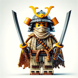 Medieval knight with samurai kabuto helmet, torn cape and two katanas, the lower part of the face is hidden by a ninja scarf