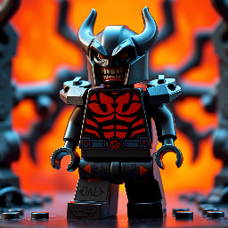 make an image of a lego version of the revenant demon from DOOM 2016, orange demonic background, image profile from the front, chest upwards only