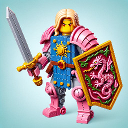 knight with long blond hair, one-shoulder armor, pink skin, long sword and shield with an old dragon