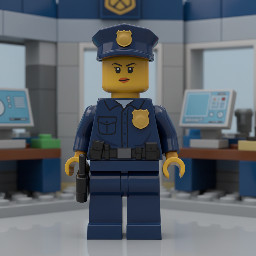 Hyper-realistic photograph of a female LEGO-style police officer minifigure, detailed and professional design. She is wearing an official uniform in hexadecimal color #232439 (very dark navy blue), with a gold badge, tactical belt with accessories, officer cap, and a serious yet friendly facial expression. The figure has the characteristic glossy plastic LEGO texture, visible joints, and classic minifigure proportions. Studio lighting, softly blurred modern police station background, high resolution, sharp focus, soft shadows, ultra-detailed 3D render, cinematic quality.