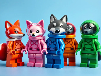 The four astronauts: the fox with the red spacesuit and the red space helmet where you can see his tail, the white fox with the pink spacesuit and the pink space helmet where you can see his tail, the wolf with the blue spacesuit and the blue space helmet where you can see his tail and the black wolf with the green spacesuit and the green space helmet where you can see his tail