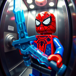 A LEGO Spider-Man minifigure holding an enchanted minecraft sword in an elevator, Fisheye lens perspective, extreme close-up, 3D render, realistic glossy plastic texture