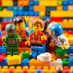 Create a lego image with the concept “Great Creations Come From Teamworke” basically focusing on collectivism (i.e. an group of people together Lego block togethere) with motivation “Share Idead Togetehr”