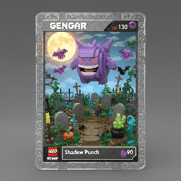 a full art Pokemon card of the Pokemon Gengar at a graveyard