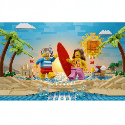 picture of summer hollidays with 2 beach minifigs jumping with joy. picture size 1028x514
