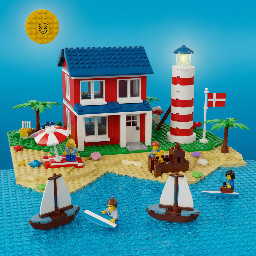 Urlaubsszene, Meer , Strand, Haus, Leuchtturm,  Dänemarkflagge