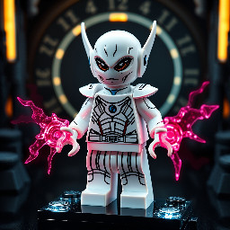 Crea una figura LEGO de Chronam-Yatt de Sendokai, estilo minifigura detallada y futurista. Personaje alienígena blanco con detalles negros en la cara, ojos brillantes morados, energía rosa translúcida alrededor de las manos y el cuerpo. Armadura elegante estilo ciencia ficción, aspecto poderoso y misterioso. Base oscura con efectos de portal temporal y energía Sen. Iluminación cinematográfica, fondo épico futurista, estilo render LEGO realista, alta calidad, ultra detallado, piezas LEGO visibles, pose dinámica de combate