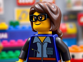 hazme una profesora de lego joven, con coleta, gafas negras y un babi azul de cuadros, que se le vea de cierto entero y mirando hacia delante