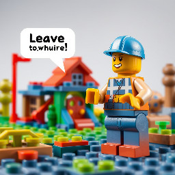 builder that invite children to build with him a playground house, in realistic lego design with out text bubbles, simpel with out many things