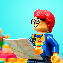 The image has a cartoonish and Lego aesthetic with a bright and colourful Lego female trans character wearing an LGBTQ+ badge and wearing glasses who had vivid red neon hair smiling holding a map and looking thoughtfully up and to the right