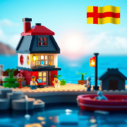 Urlaubsszene, Meer , Strand, Haus, Leuchtturm,  Dänemarkflagge