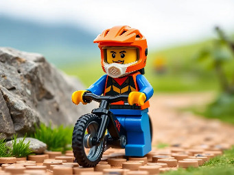 Figurine lego faisant du VTT avec un casque dans une scène de chemin de campagne avec rocher
