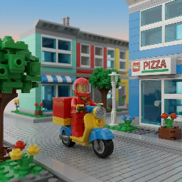 A lego pizza delivery man riding a scooter in a quiet town