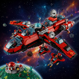 lego spyrius flying very large mothership red and black color with transparent dark-blue canopies 64 stud length