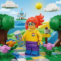 The image has a cartoonish and Lego aesthetic with a bright and colourful Lego female trans character wearing an LGBTQ+ badge and wearing glasses who had vivid red neon hair smiling holding a map and looking thoughtfully up and to the left