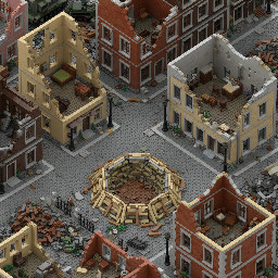 A highly detailed isometric view of a devastated European city after a major war, inspired by classic early 2000s real-time strategy game environments.  A large abandoned urban intersection with narrow cobblestone streets, heavily damaged brick buildings, partially collapsed roofs, exposed interiors, shattered walls and piles of rubble. A large bomb crater surrounded by wooden construction supports and broken pavement in the middle of the scene.  Ruined multi-story European townhouses, fragments of stone staircases, broken iron fences, old street lamps, damaged sidewalks and scattered debris. A few abandoned military objects partially buried in the rubble.  Authentic World War II-era European architecture, realistic destruction, muted earthy colors, dusty gray and brown tones, weathered brick and stone textures.  **Camera and composition:** Fixed orthographic isometric camera, elevated 45-degree viewing angle, looking diagonally down at the city. Wide environmental overview showing several city blocks. No perspective distortion, no horizon, no sky.  **Visual style:** Highly detailed pre-rendered strategy game environment, realistic hand-crafted 3D assets, gritty textures, atmospheric ambient occlusion, soft overcast daylight, subtle cinematic shadows, sharp architectural details, realistic environmental storytelling.  The entire image should resemble a playable map from a classic isometric tactical strategy game.  No modern buildings, no futuristic technology, no colorful fantasy elements, no interface, no text, no HUD.