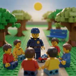 Professional police officer giving an educational talk to children outdoors, friendly and approachable expression, kneeling slightly to speak at the children’s eye level. He is wearing a modern police uniform in hexadecimal color #232439 (very dark blue with a subtle gray tone), with a visible badge and realistic accessories such as a shoulder radio and duty belt. The children are listening attentively, casual clothing, positive and respectful interaction. Park or schoolyard setting with trees in the background, soft natural daylight, photorealistic style, high resolution, sharp focus, detailed fabric texture on the uniform, warm and community-oriented atmosphere, cinematic depth of field, sense of trust and mentorship.