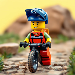 Figurine lego faisant du VTT avec un casque dans une scène de chemin de campagne avec rocher