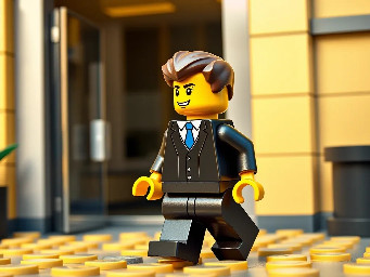 Lego guy in a suit walking out of an office building
