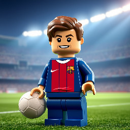 “LEGO minifigure of Pau Cubarsí, young FC Barcelona defender, wearing Barcelona home kit (blue and red stripes), realistic LEGO style, detailed face resembling Cubarsí, short brown hair, confident expression, standing on a football pitch, holding a soccer ball, stadium lights in the background, highly detailed, cinematic lighting, 4K, sharp focus” Realista