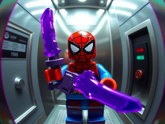 A LEGO Spider-Man minifigure holding a purple minecraft sword in a realistic elevator, Fisheye lens perspective, extreme close-up, 3D render, realistic glossy plastic texture