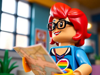 The image has a cartoonish and Lego aesthetic with a bright and colourful Lego female trans character wearing an LGBTQ+ badge and wearing glasses who had vivid red neon hair smiling holding a map and looking thoughtfully up and to the left
