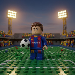 “LEGO minifigure of Pau Cubarsí, young FC Barcelona defender, wearing Barcelona home kit (blue and red stripes), realistic LEGO style, detailed face resembling Cubarsí, short brown hair, confident expression, standing on a football pitch, holding a soccer ball, stadium lights in the background, highly detailed, cinematic lighting, 4K, sharp focus” Realista